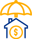 Icono casa con moneda de signo pesos y sombrilla encima